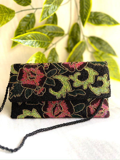 Embroidered Floral Purse – Black with Green & Pink / White with Pink & Green Flowers