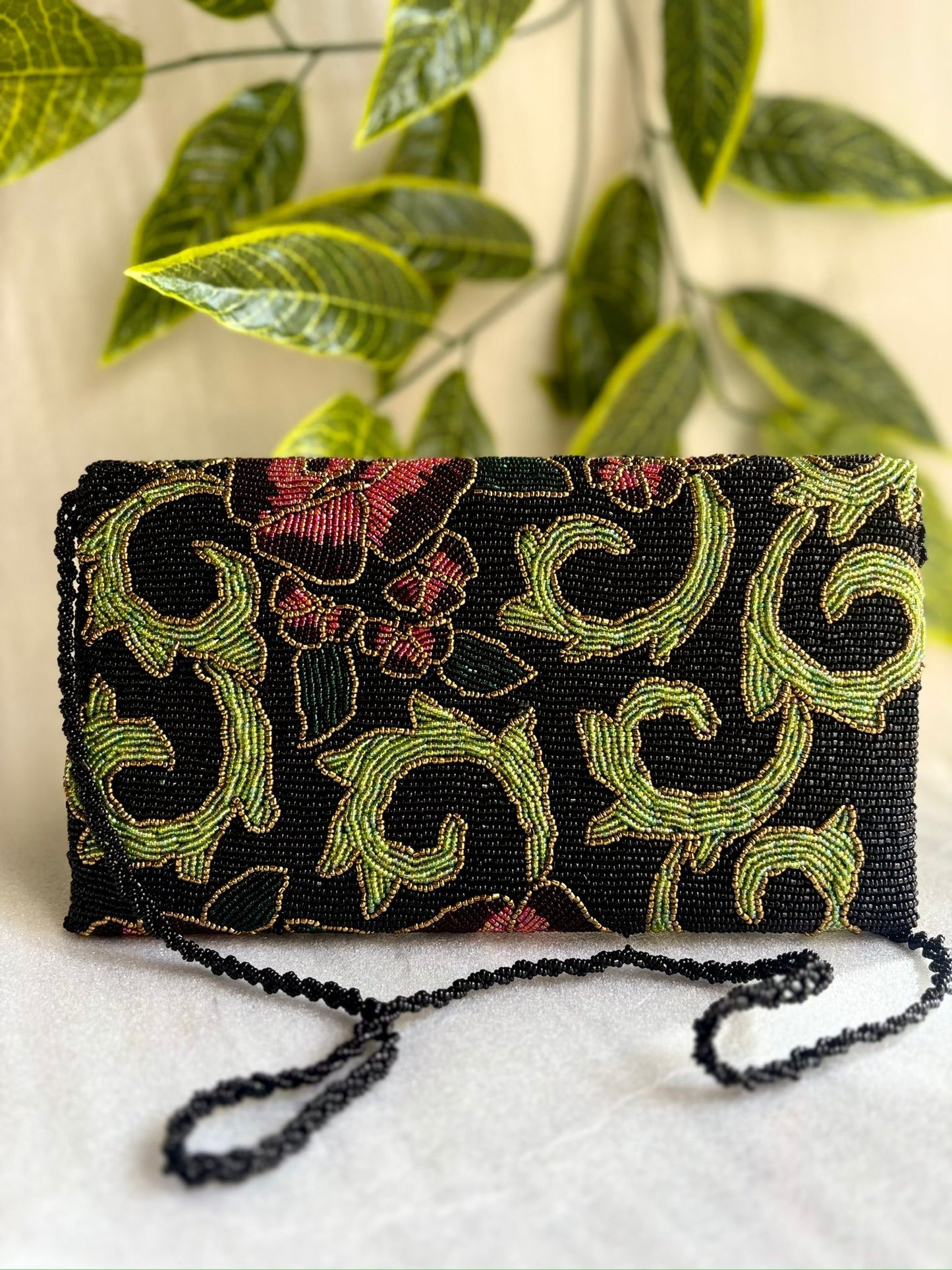 Embroidered Floral Purse – Black with Green & Pink / White with Pink & Green Flowers