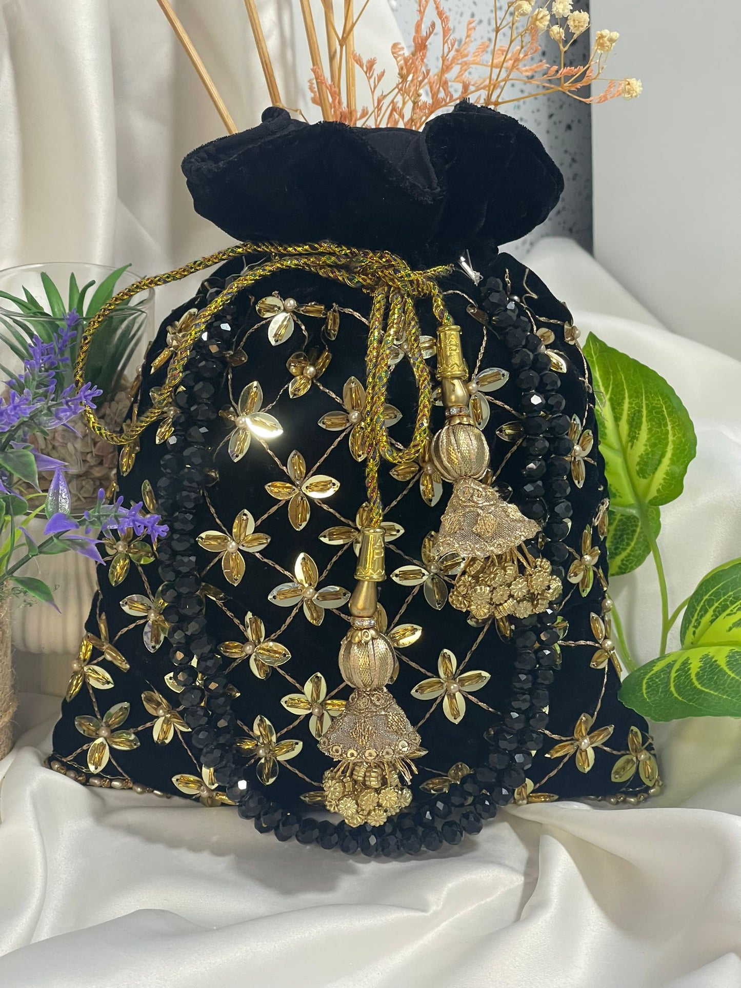 Velvet Classic Green & Black Potli Bags with Embroidery and Tassels