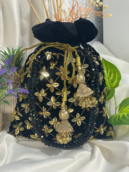 Velvet Classic Green & Black Potli Bags with Embroidery and Tassels