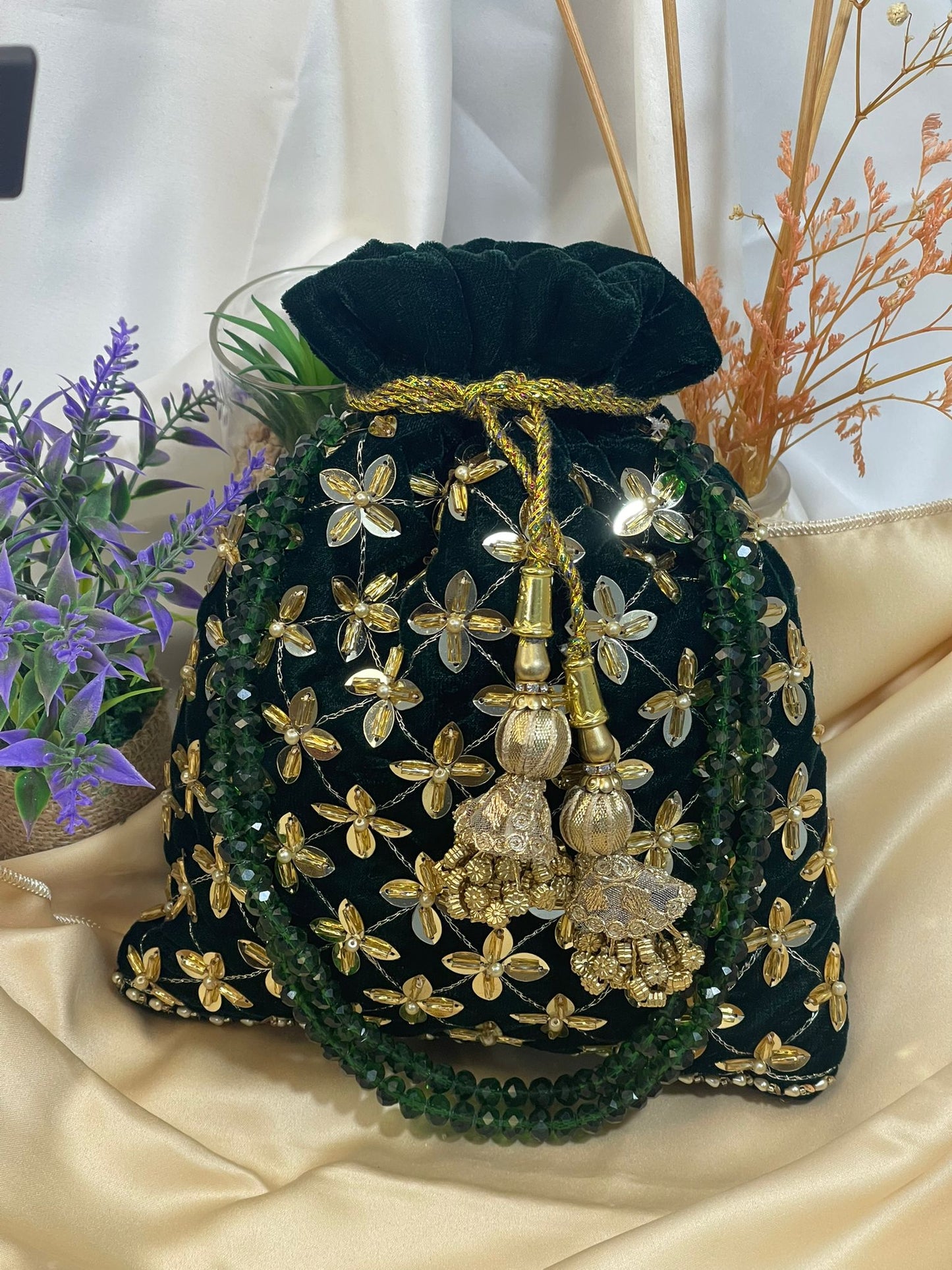 Velvet Classic Green & Black Potli Bags with Embroidery and Tassels