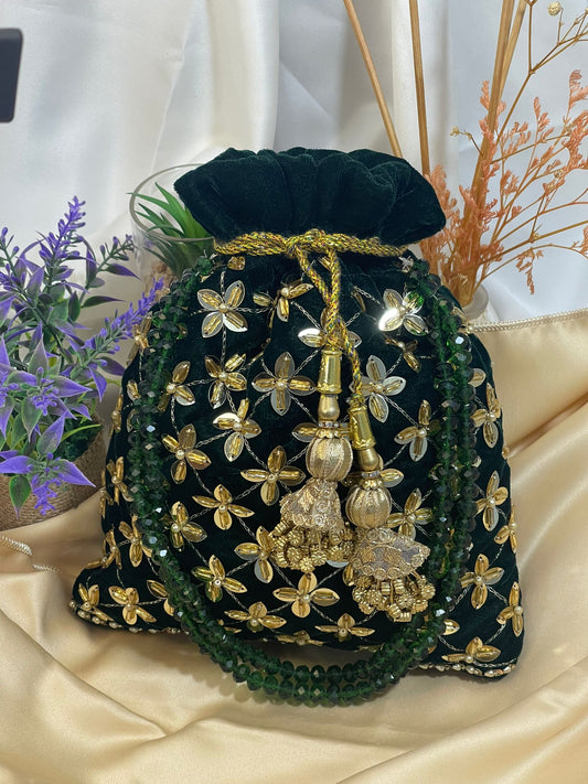 Velvet Classic Green & Black Potli Bags with Embroidery and Tassels