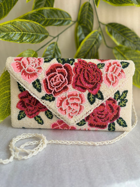 Heavy Beaded Floral Bag with Large Shoulder Strap, Zip & Magnetic Closure