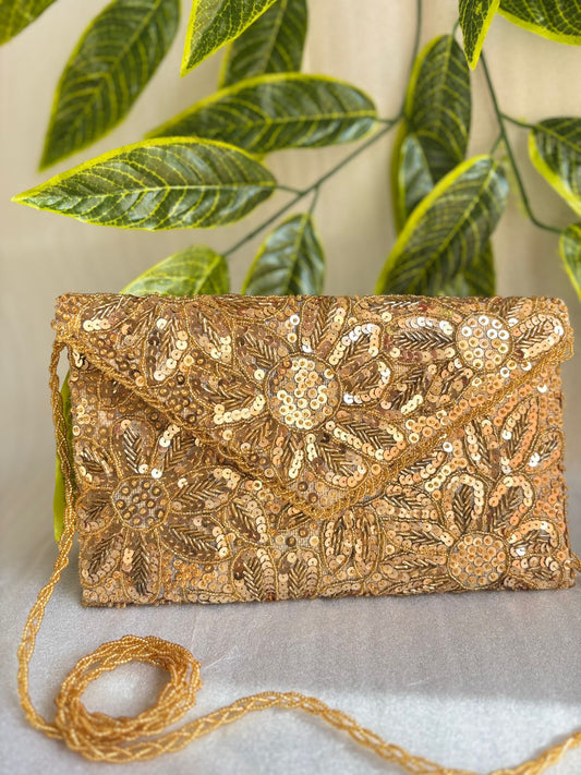 Heavy Beaded Floral Bag with Large Shoulder Strap, Zip & Magnetic Closure