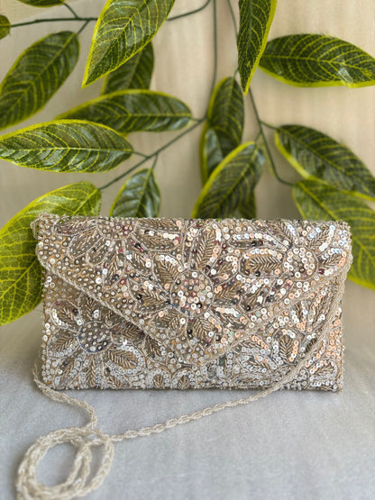 Heavy Beaded Floral Bag with Large Shoulder Strap, Zip & Magnetic Closure