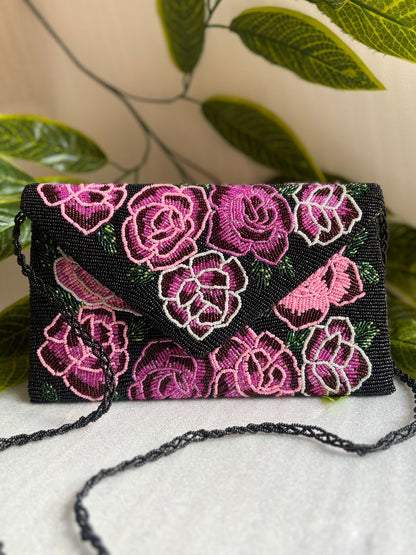 Heavy Beaded Floral Bag with Large Shoulder Strap, Zip & Magnetic Closure