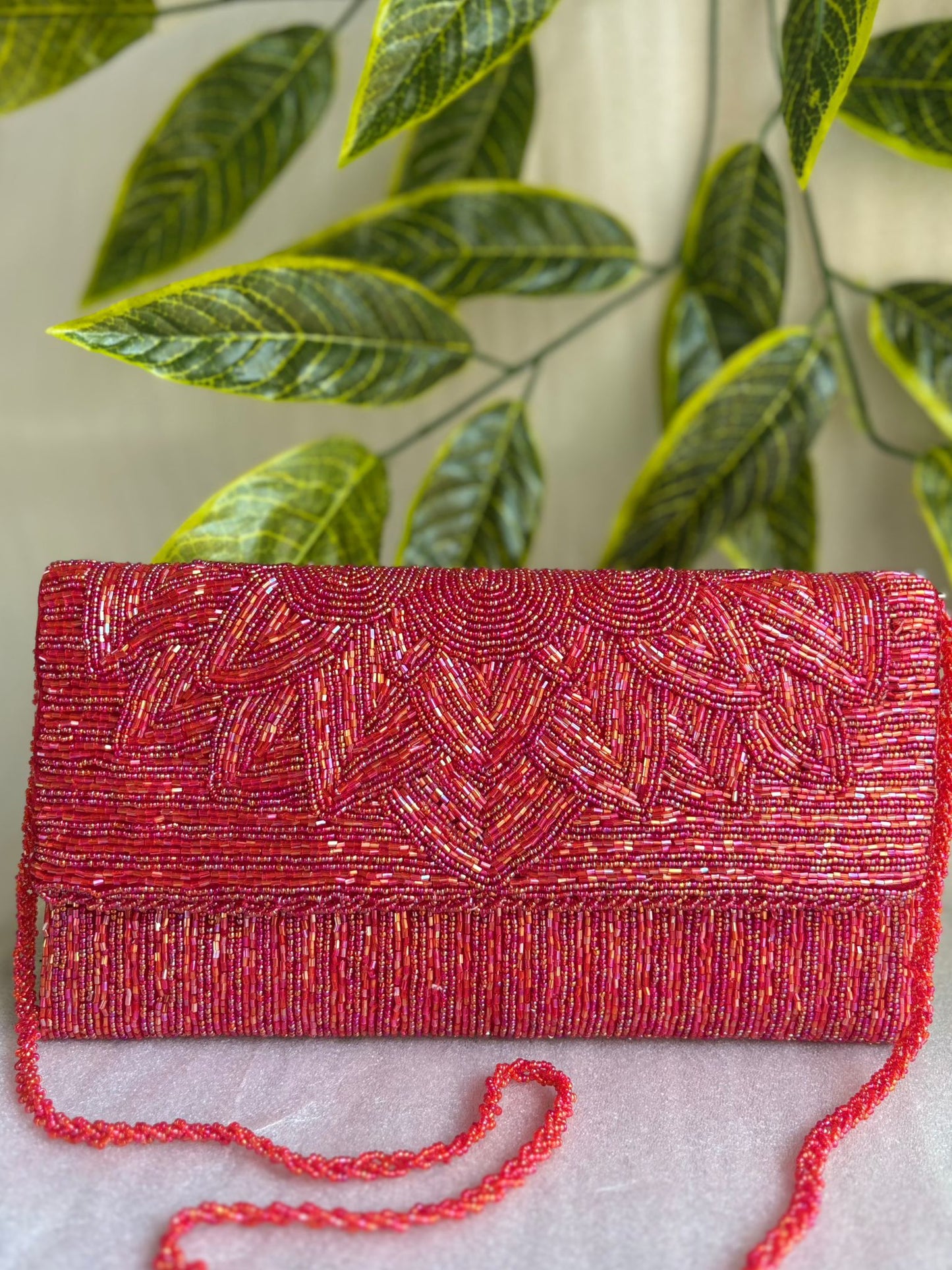 Heavy Beaded Floral Bag with Large Shoulder Strap, Zip & Magnetic Closure