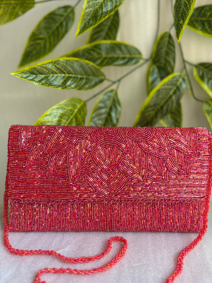 Heavy Beaded Floral Bag with Large Shoulder Strap, Zip & Magnetic Closure