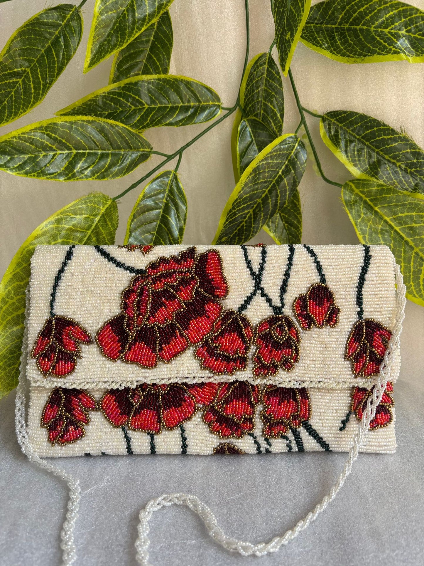 Heavy Beaded Floral Bag with Large Shoulder Strap, Zip & Magnetic Closure