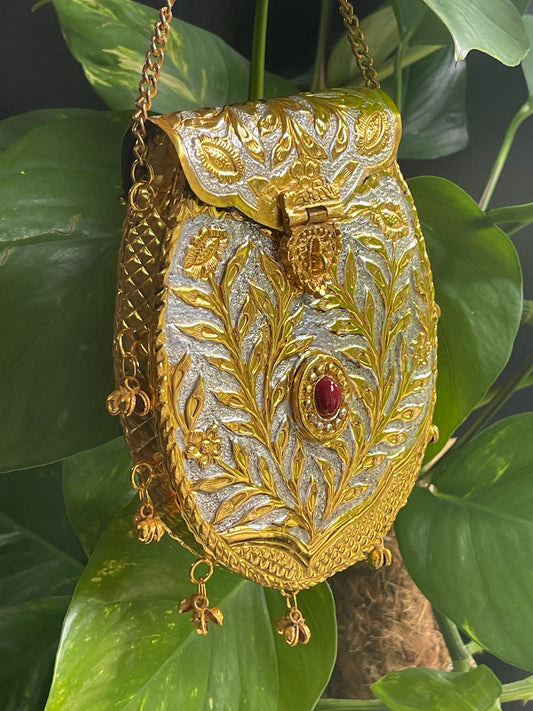 Antique Metal Clutch with Faux Stone Embellishments & Chain Hook