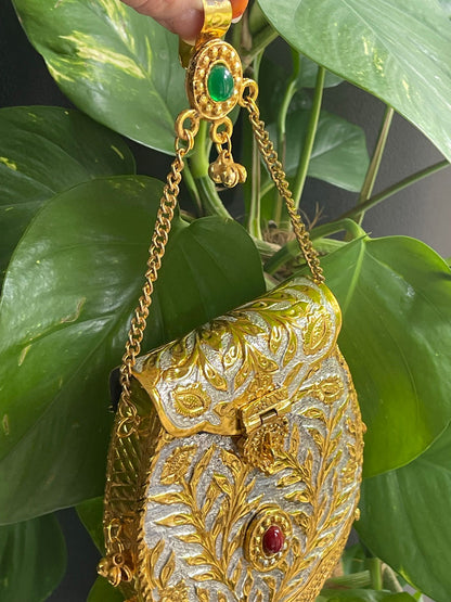 Antique Metal Clutch with Faux Stone Embellishments & Chain Hook