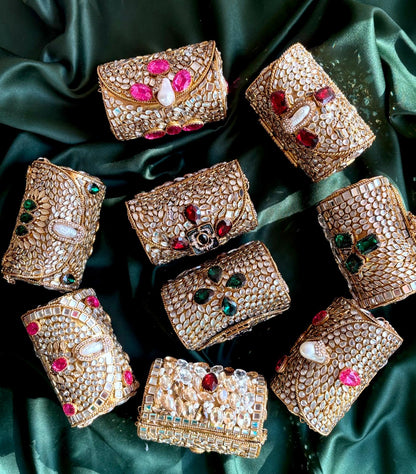 Cylindrical Metal Clutch with Kundan & Rhinestone Embellishments