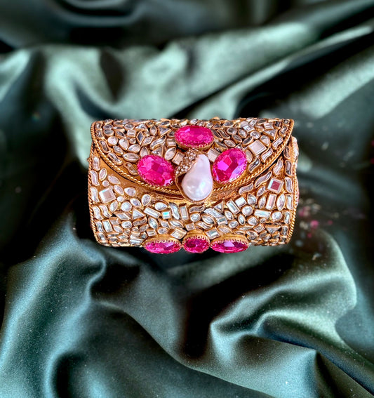 Cylindrical Metal Clutch with Kundan & Rhinestone Embellishments