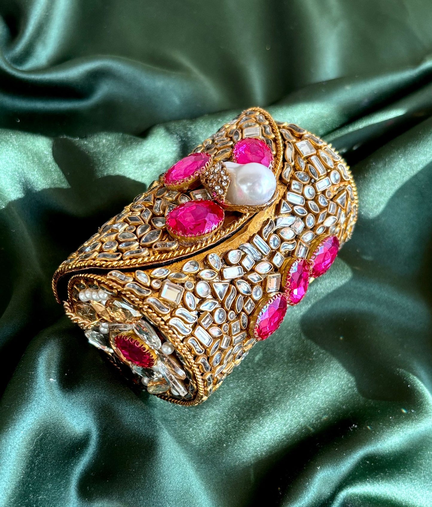 Cylindrical Metal Clutch with Kundan & Rhinestone Embellishments