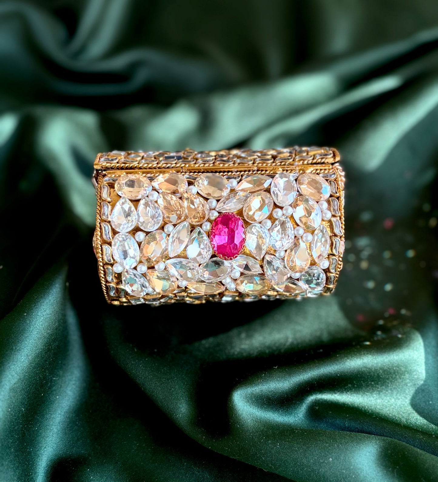 Cylindrical Metal Clutch with Kundan & Rhinestone Embellishments