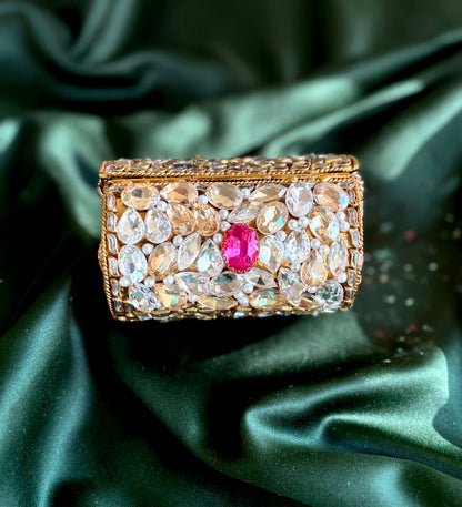 Cylindrical Metal Clutch with Kundan & Rhinestone Embellishments