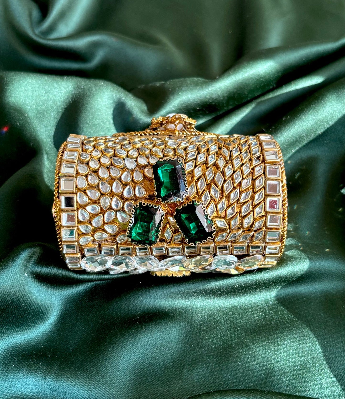 Cylindrical Metal Clutch with Kundan & Rhinestone Embellishments