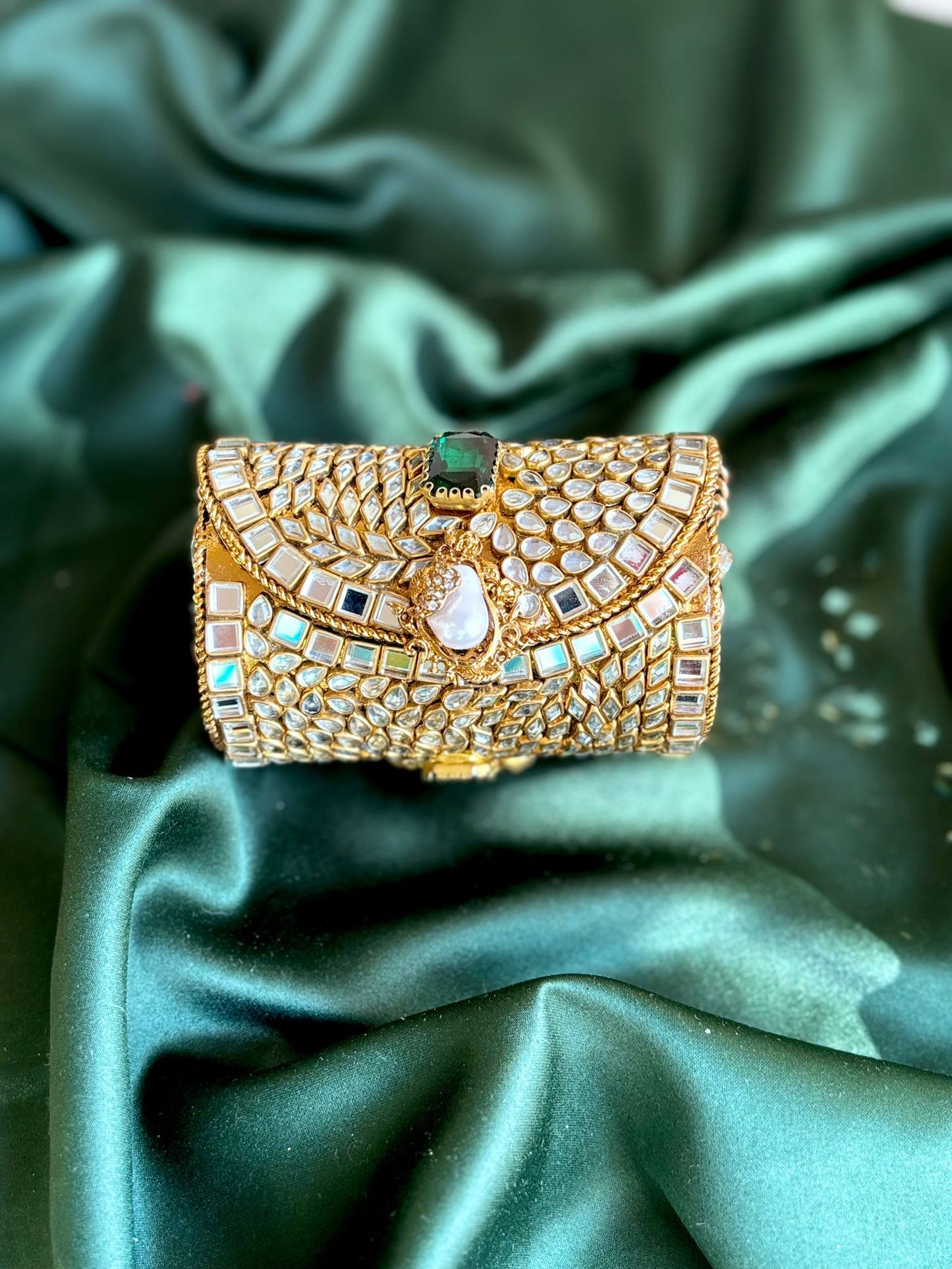 Cylindrical Metal Clutch with Kundan & Rhinestone Embellishments