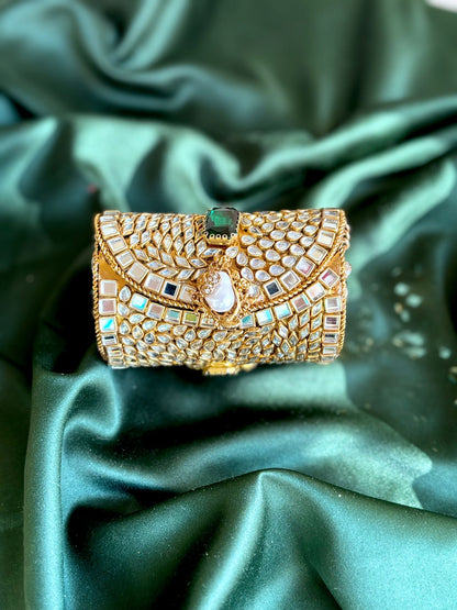 Cylindrical Metal Clutch with Kundan & Rhinestone Embellishments