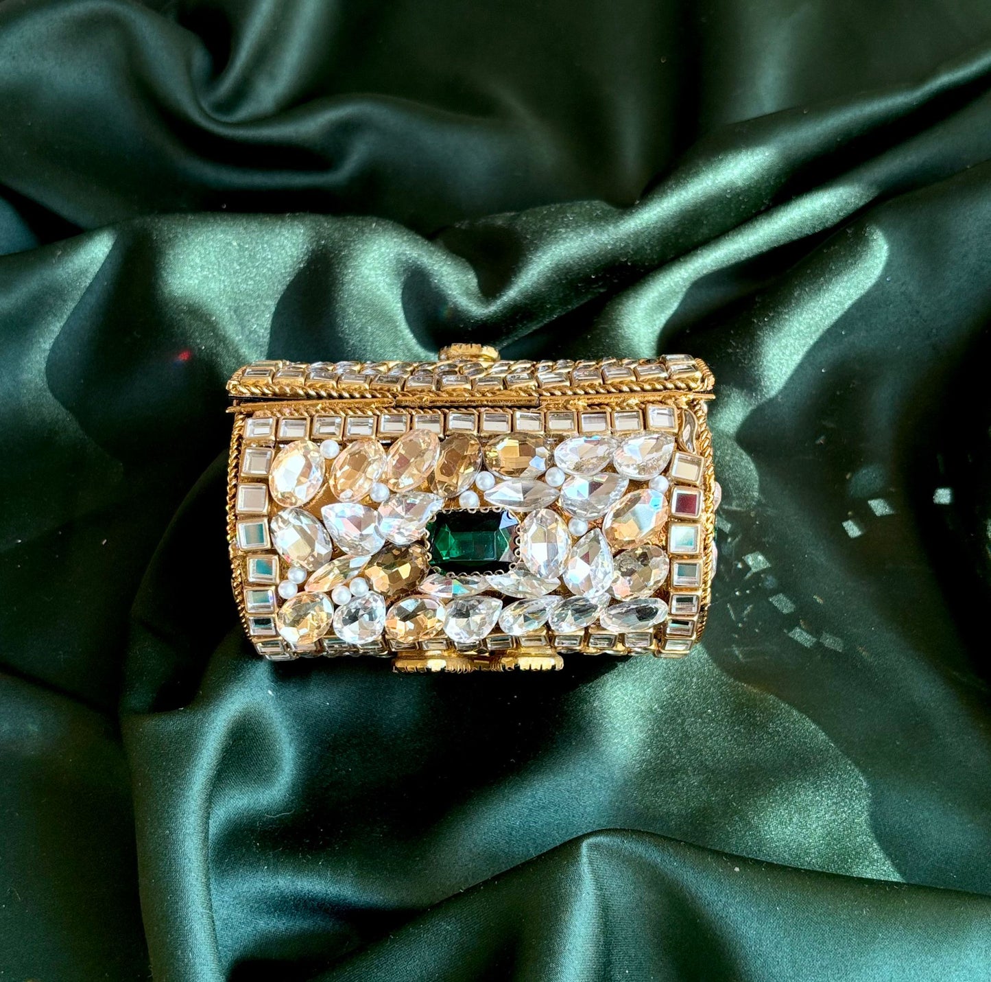 Cylindrical Metal Clutch with Kundan & Rhinestone Embellishments