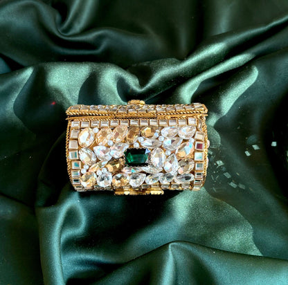 Cylindrical Metal Clutch with Kundan & Rhinestone Embellishments