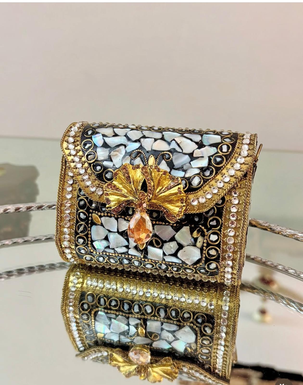 Mini Antique-Style Metal Clutch Mother-of-Pearl Mosaic