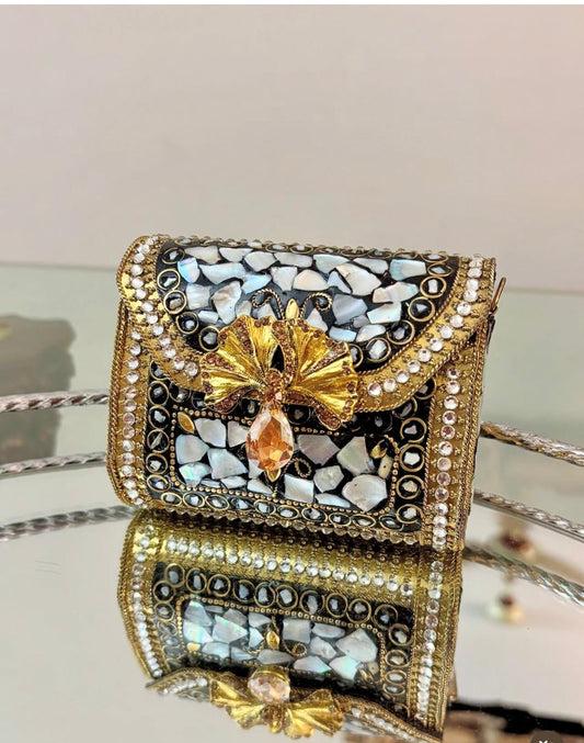 Mini Antique-Style Metal Clutch Mother-of-Pearl Mosaic