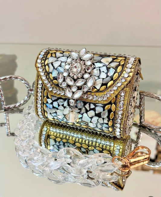 Mini Antique-Style Metal Clutch Mother-of-Pearl Mosaic