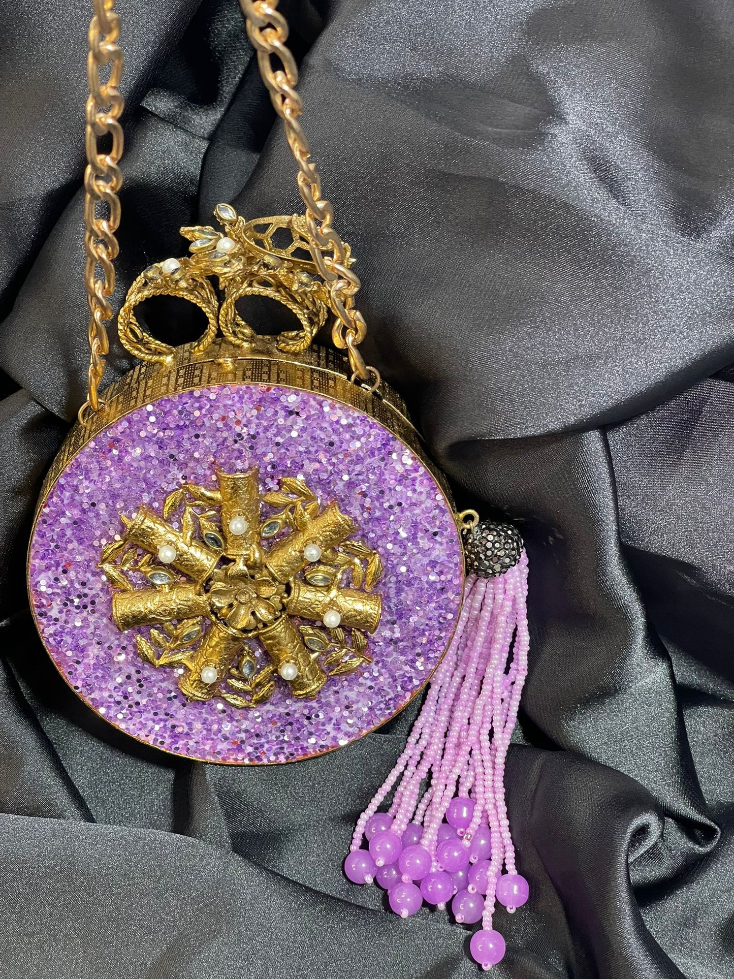 Royal Purple Clutch with Large Beaded Tassel & Intricate Metal Craft Work