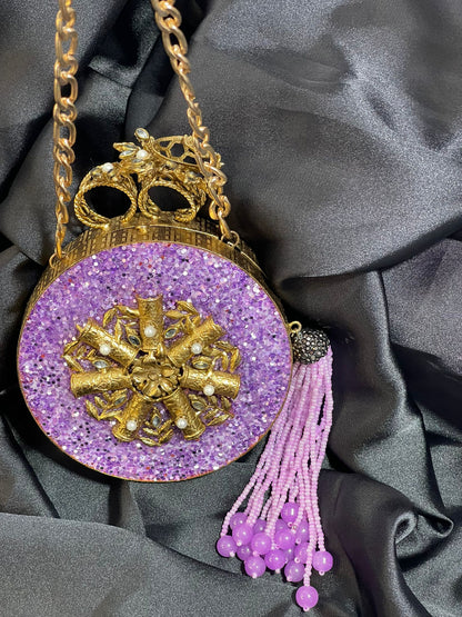 Royal Purple Clutch with Large Beaded Tassel & Intricate Metal Craft Work