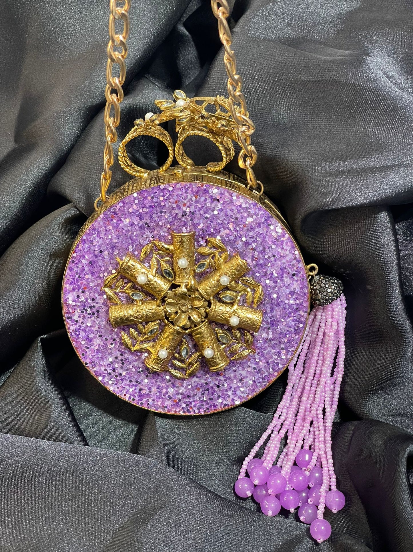 Royal Purple Clutch with Large Beaded Tassel & Intricate Metal Craft Work