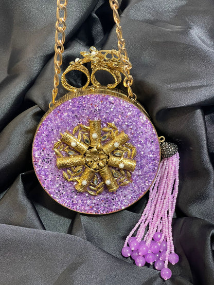 Royal Purple Clutch with Large Beaded Tassel & Intricate Metal Craft Work