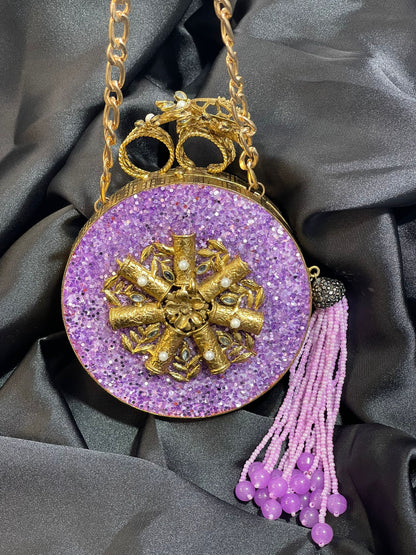 Royal Purple Clutch with Large Beaded Tassel & Intricate Metal Craft Work