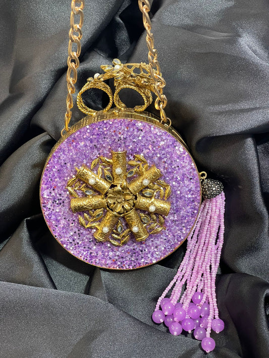 Royal Purple Clutch with Large Beaded Tassel & Intricate Metal Craft Work