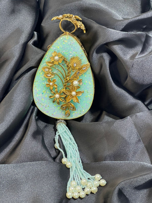 Oval Metal Craft Clutch in Aqua & Lavender – Handcrafted with Large Beaded Tassel