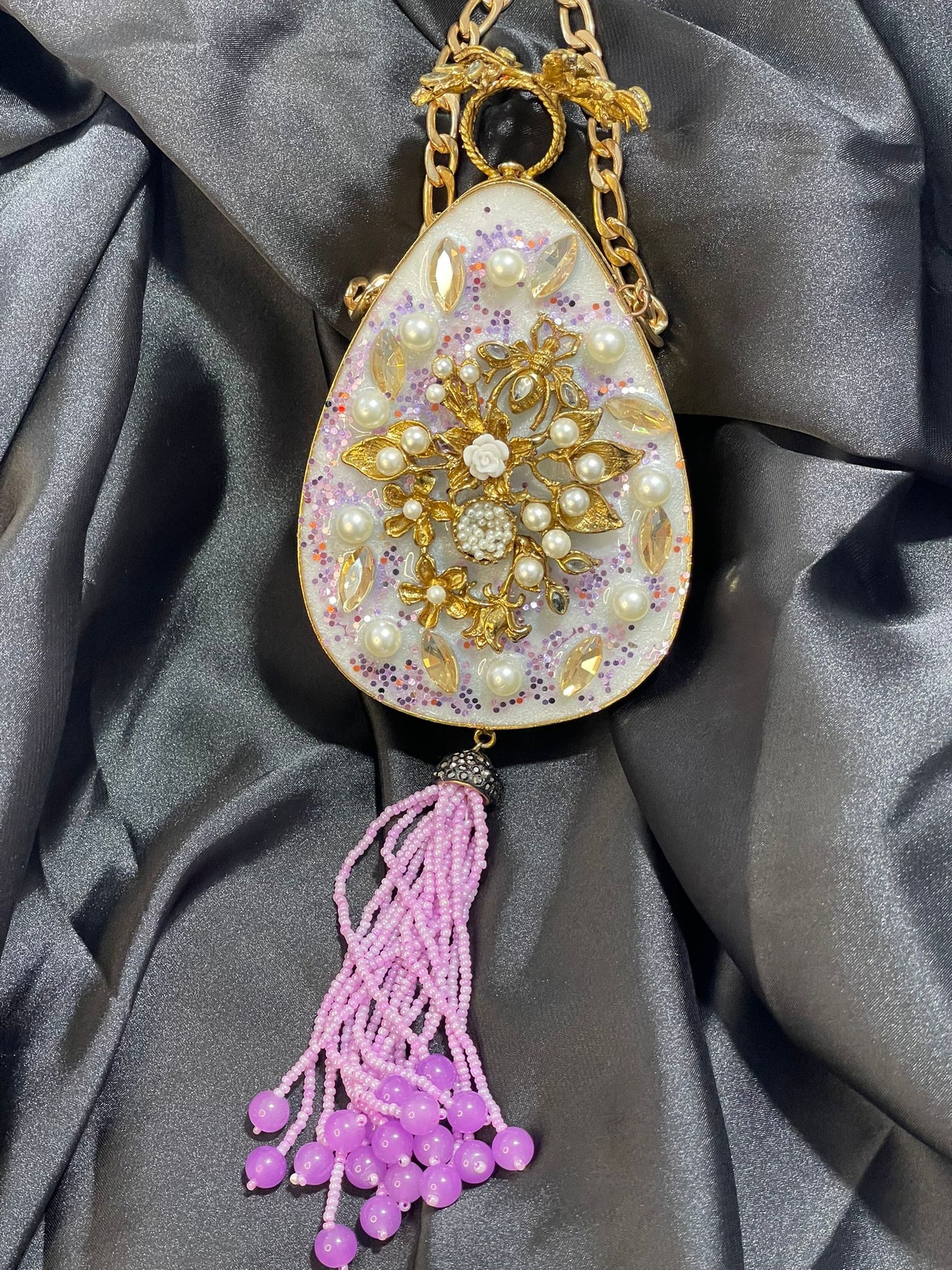 Oval Metal Craft Clutch in Aqua & Lavender – Handcrafted with Large Beaded Tassel