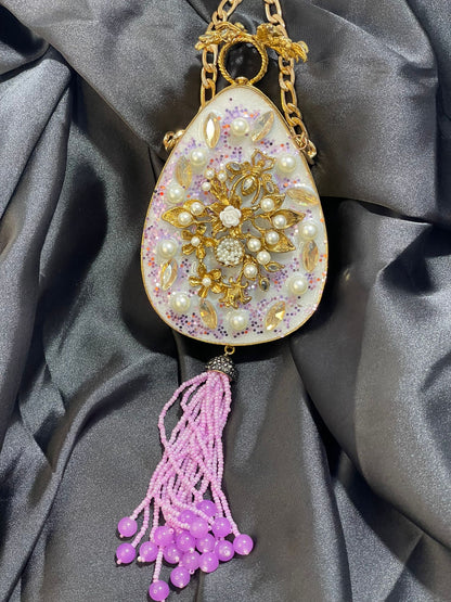 Oval Metal Craft Clutch in Aqua & Lavender – Handcrafted with Large Beaded Tassel