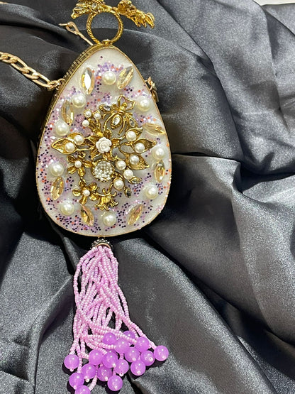 Oval Metal Craft Clutch in Aqua & Lavender – Handcrafted with Large Beaded Tassel