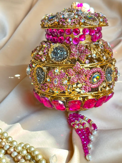 Turkish Potli Bag in Pinkish Gold – Rhinestone Embellished with Beaded Tassel & Handle