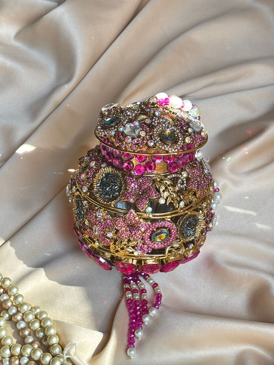 Turkish Potli Bag in Pinkish Gold – Rhinestone Embellished with Beaded Tassel & Handle