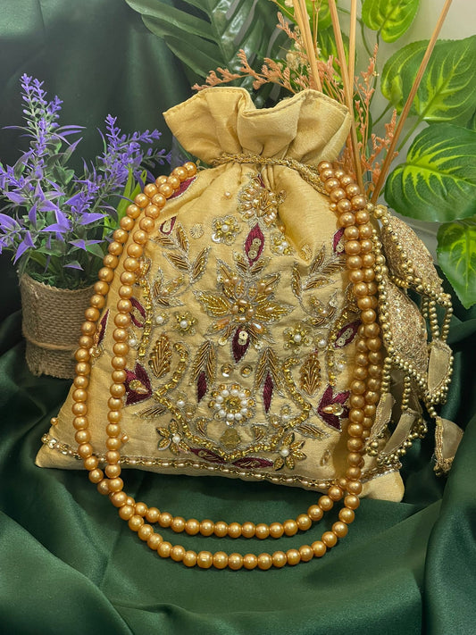 ✨ Embroidered Raw Silk Potli Bags – Square & Round with Golden Tassels