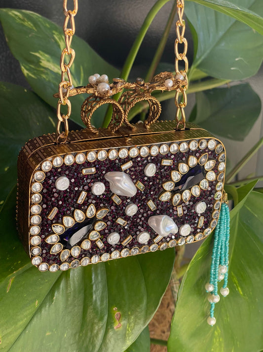 Dark Brown Horizontal Square Clutch with Sparkling Stone Embellishments