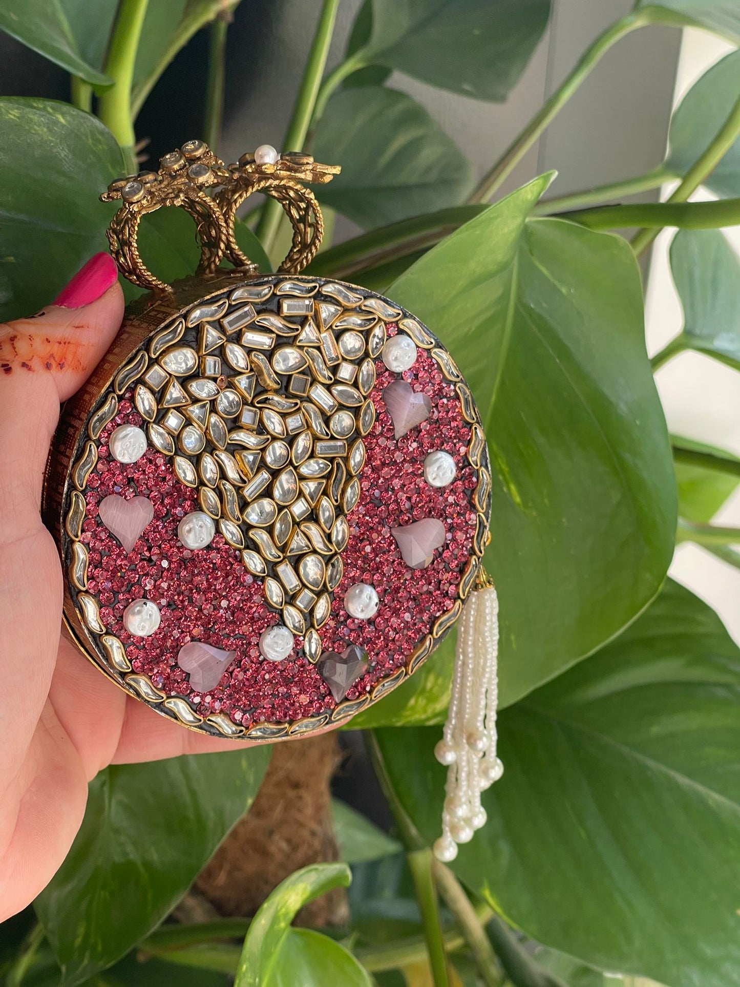 Royal Purple Clutch with Large Beaded Tassel & Intricate Metal Craft Work