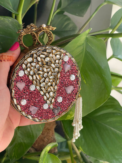 Royal Purple Clutch with Large Beaded Tassel & Intricate Metal Craft Work