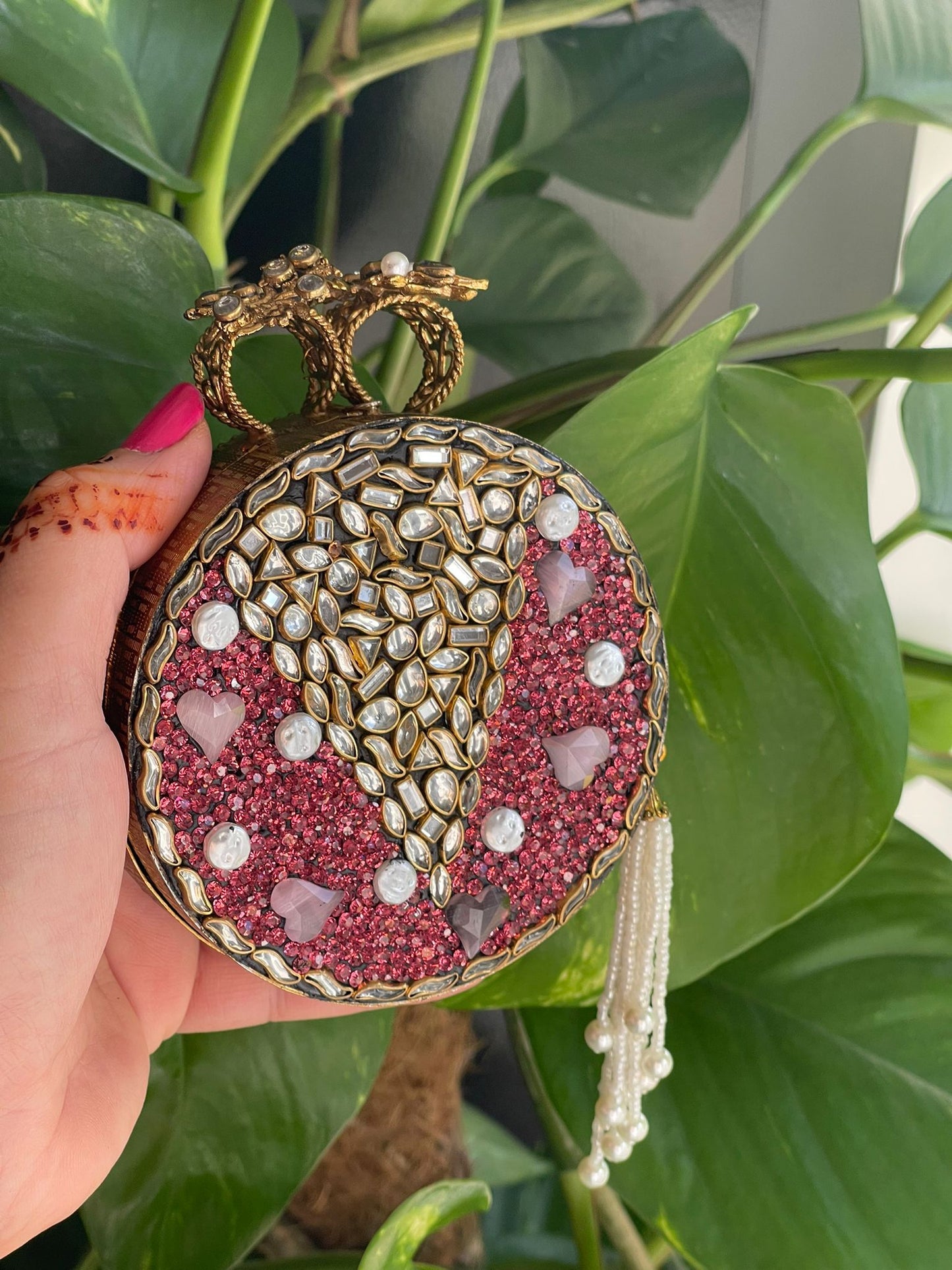 Royal Purple Clutch with Large Beaded Tassel & Intricate Metal Craft Work