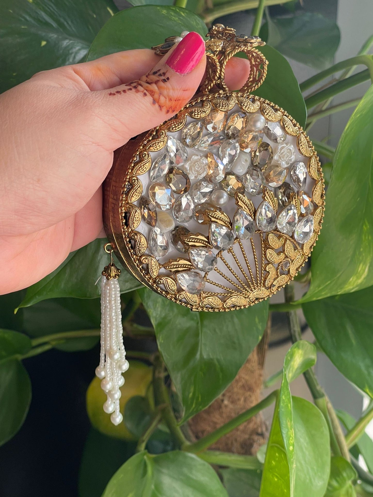 Royal Purple Clutch with Large Beaded Tassel & Intricate Metal Craft Work