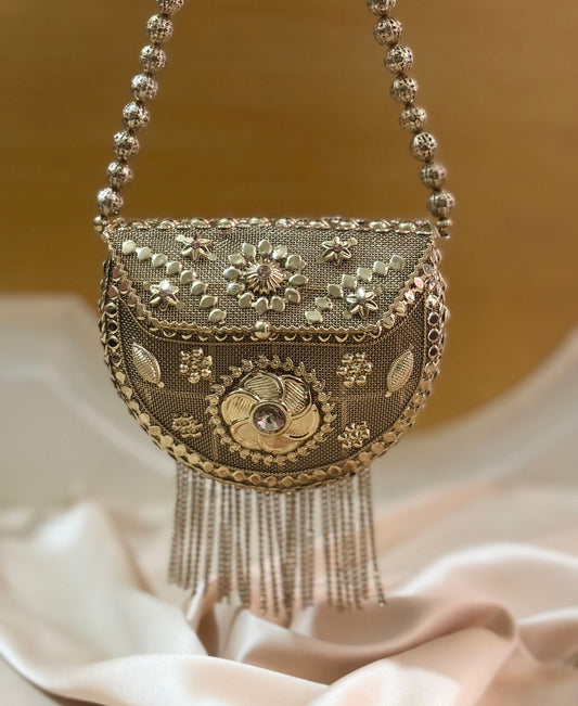 Afghan Metal Handcrafted Clutch with Engraved Detailing & Chain Handle