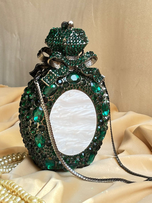 Luxury Rhinestone Bottle Clutch with Pearl Design & Metal Chain