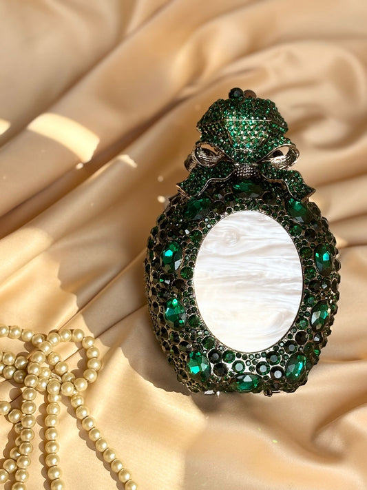 Luxury Rhinestone Bottle Clutch with Pearl Design & Metal Chain