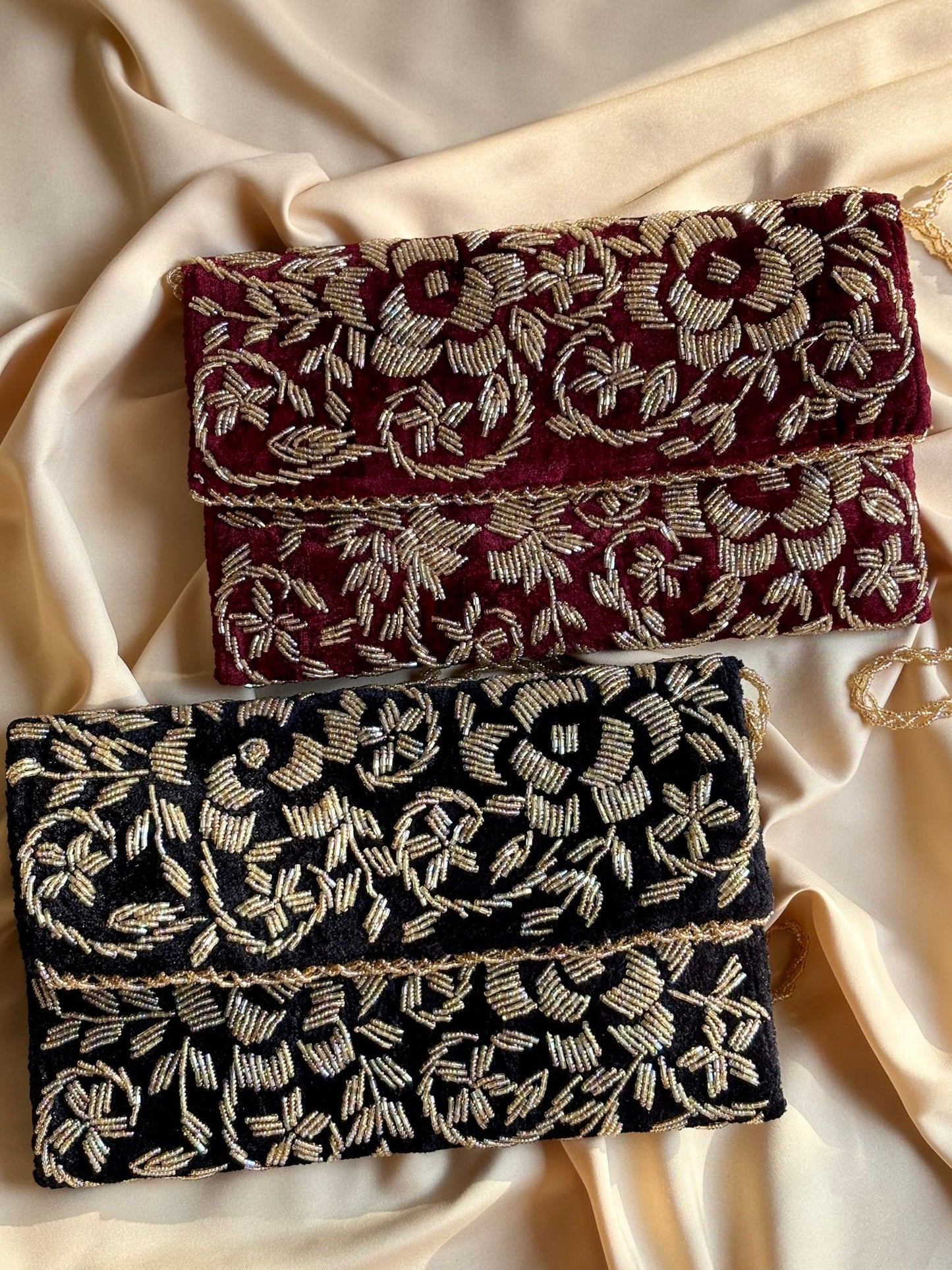 Velvet Beaded Hand-Embroidered Festive Bag with Fixed Shoulder Chain & Dual Closure
